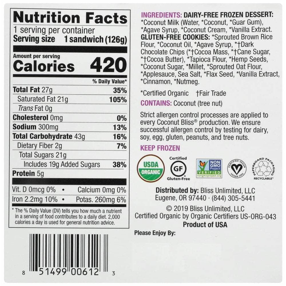 LUNA & LARRYS COCONUT BLISS Grocery > Frozen LUNA & LARRYS COCONUT BLISS: Organic Vanilla Cookie Sandwich, 5.25 fl oz