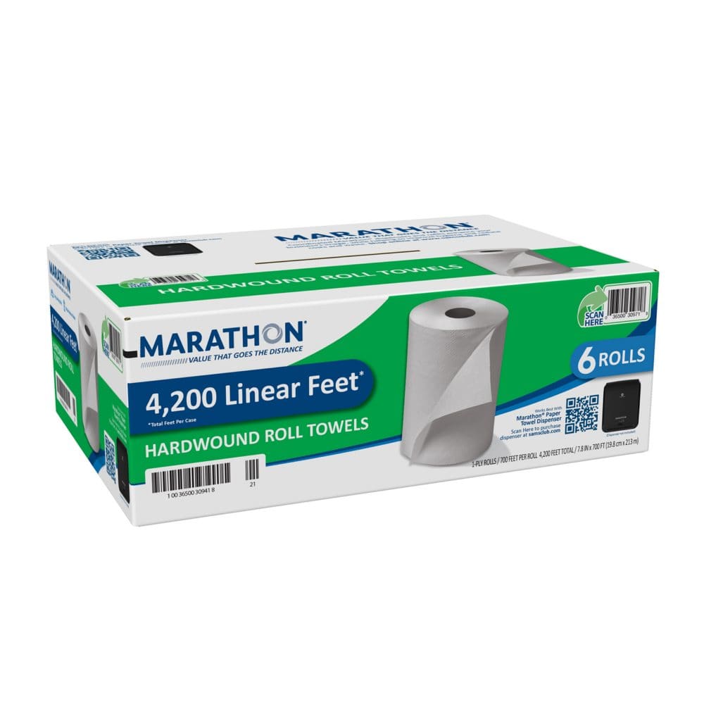 Marathon Hardwound Paper Towel Rolls White (700 ft./roll 6 rolls) (Pack of 10) - Commercial Cleaning Disposables - Marathon