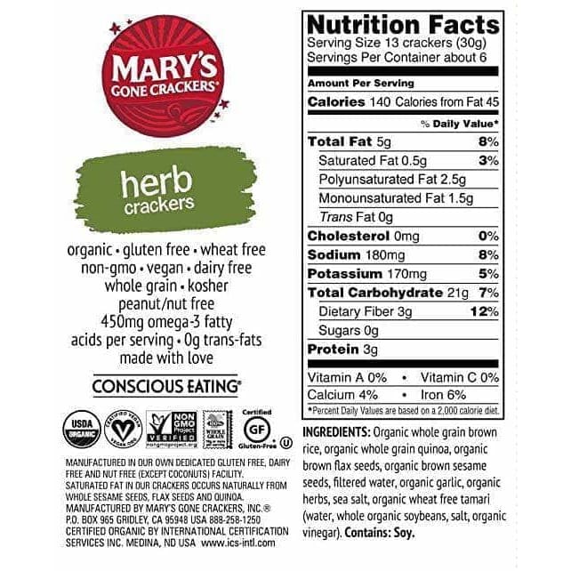 Marys Gone Crackers Marys Gone Crackers Cracker TH Garlic Rosemary Gluten Free, 5 oz