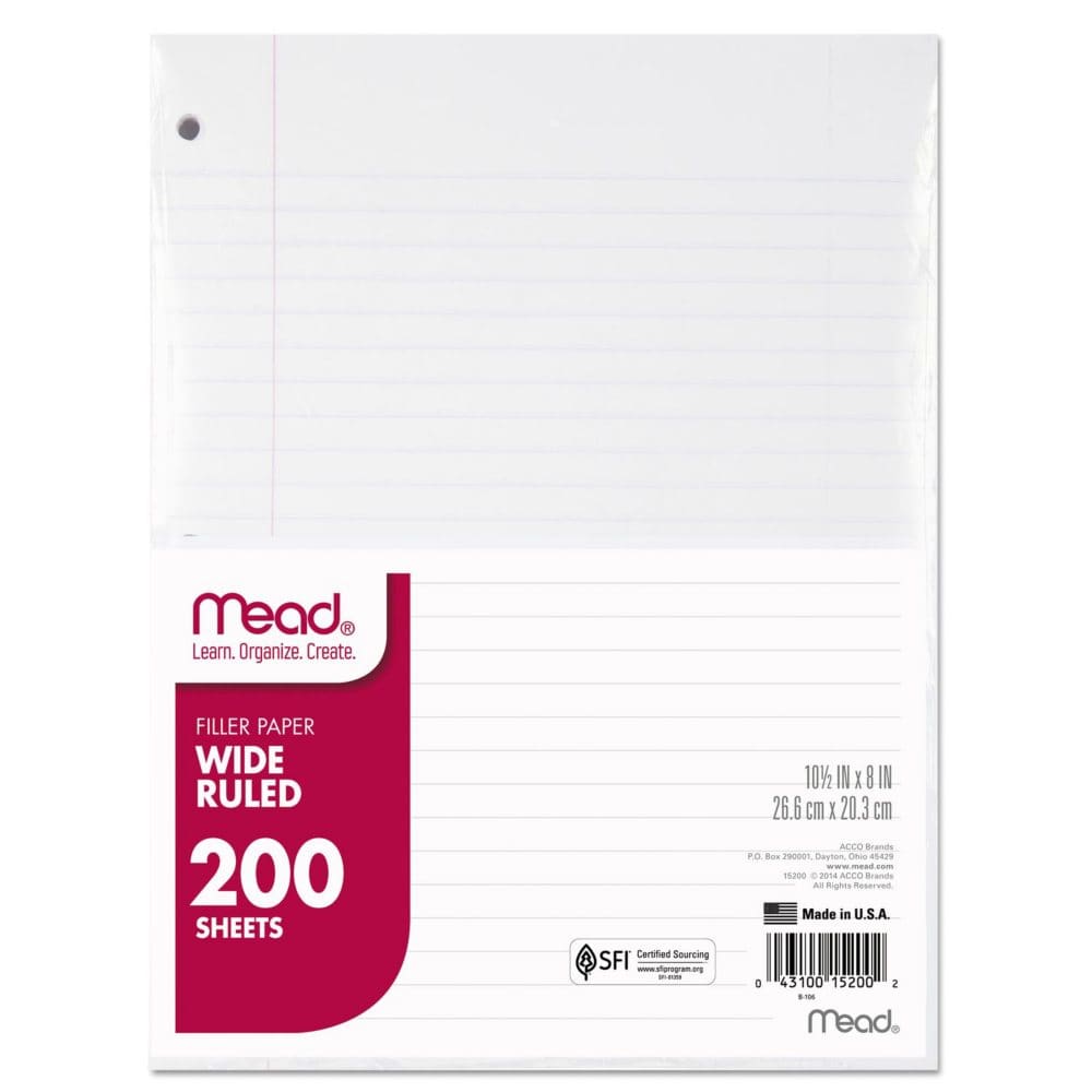 Mead - Filler Paper 16-lbs. Wide Ruled 3-hole punched - 10-1/2 x 8 - 200 Sheets (Pack of []) - Writing Pads - Mead