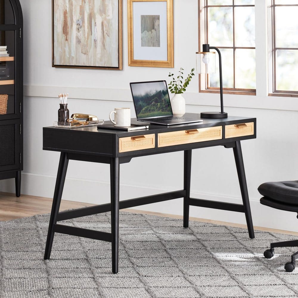 Member’s Mark Enzo Writing Desk with 3 Rattan Storage Drawers Black Finish - Modern Contemporary - Member’s