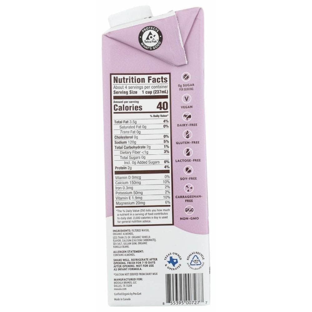 MOOALA Grocery > Beverages > Milk MOOALA: Unsweetened Vanilla Bean Almond Milk, 33.8 fo