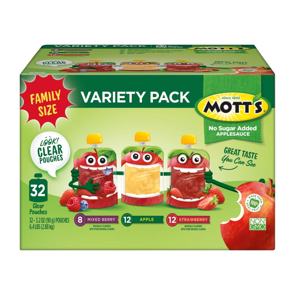 Mott’s No Sugar Added Applesauce Variety Pack with Clear Pouches 32 pk./3.2 oz. - Mott’s