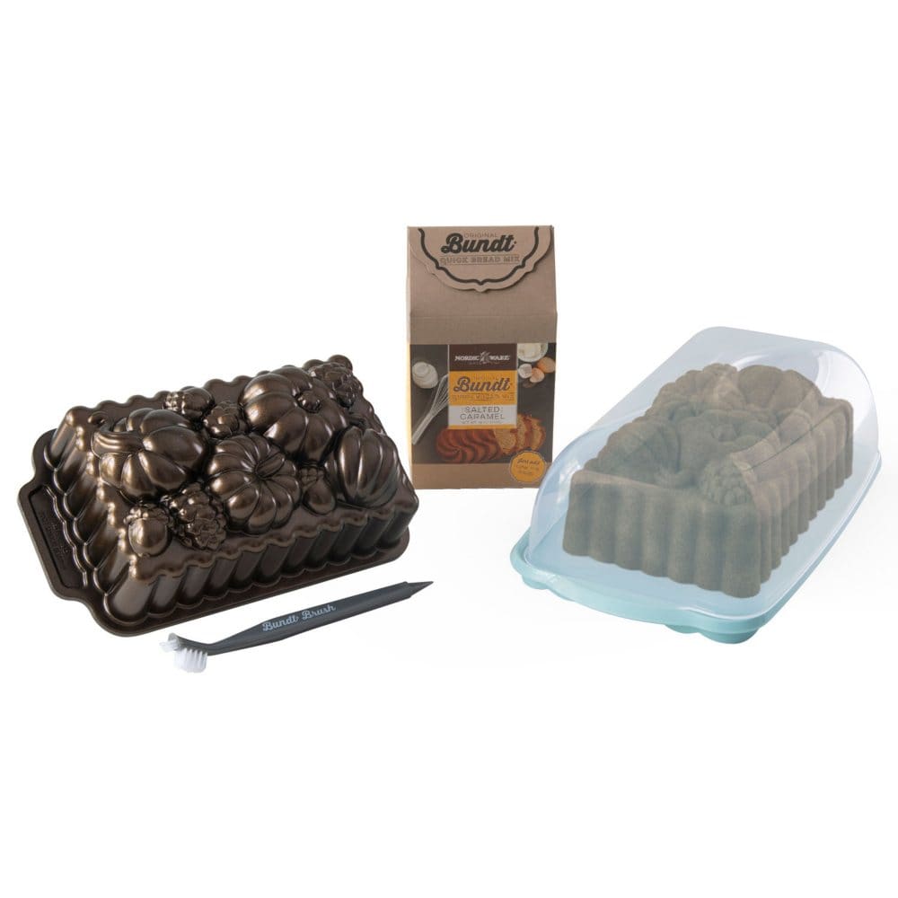 Nordic Ware Fall Loaf Bundle: Harvest Bounty Loaf Loaf Keeper Salted Caramel Quick Bread Mix & Bundt Cleaning Tool - Bakeware - Nordic