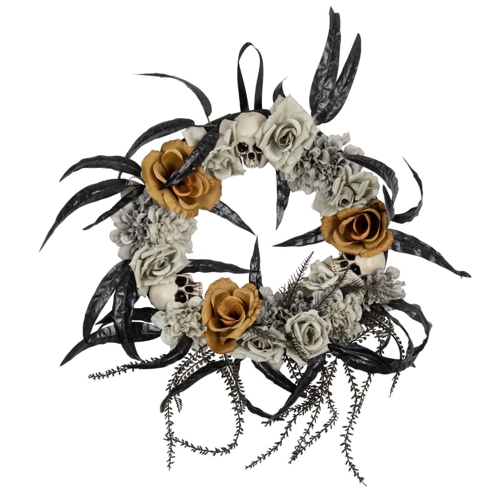 Northlight 14 Skulls with Orange and Gray Roses Halloween Wreath - Home/Seasonal/Holiday Home/Holiday Home Decor/Wreaths & Garland/ -