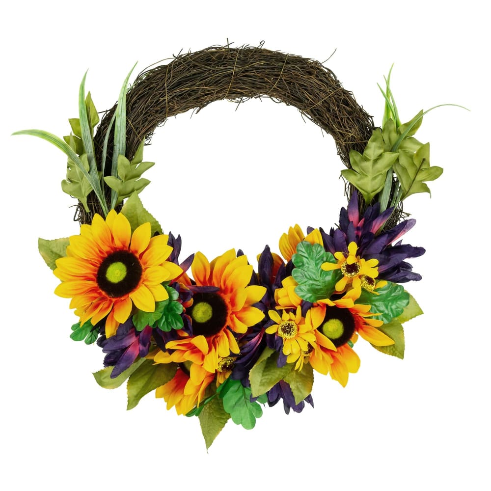 Northlight 20 Sunflower and Mum Twig Autumn Artificial Floral Half Wreath - Home/Seasonal/Holiday Home/Holiday Home Decor/Wreaths & Garland/