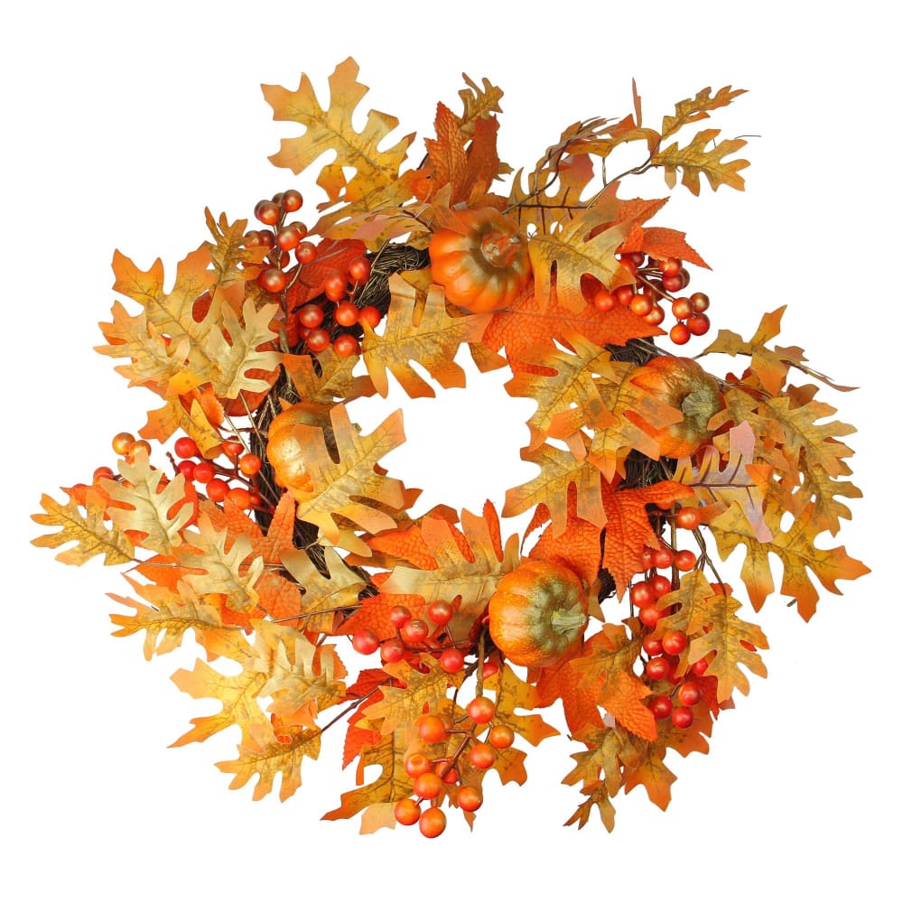 Northlight 22 Autumn Leaves Pumpkins and Berries Artificial Thanksgiving Wreath - Home/Seasonal/Holiday Home/Holiday Home Decor/Wreaths &