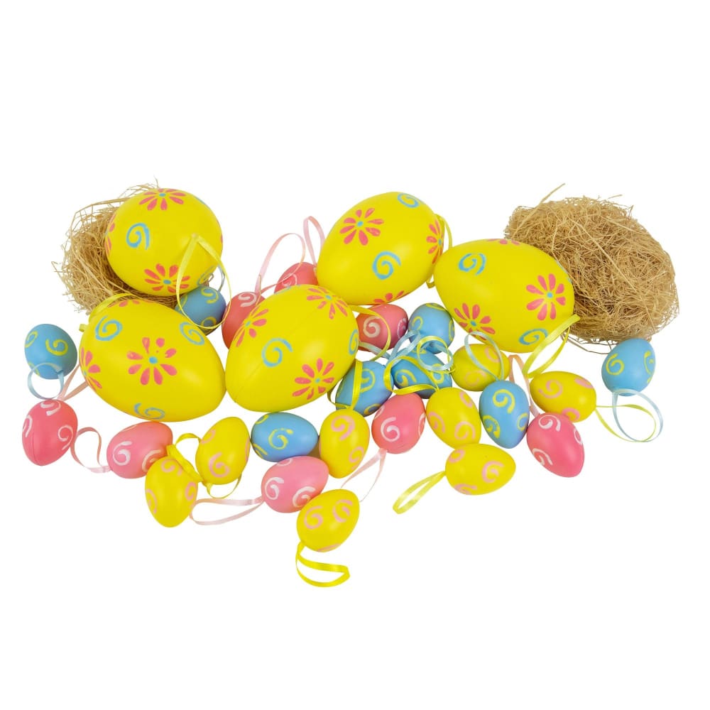 Northlight 3.25 Blue and Yellow Painted Floral Spring Easter Egg Ornaments 29 pc. - Home/Seasonal/Easter/Easter Decor/ - Northlight