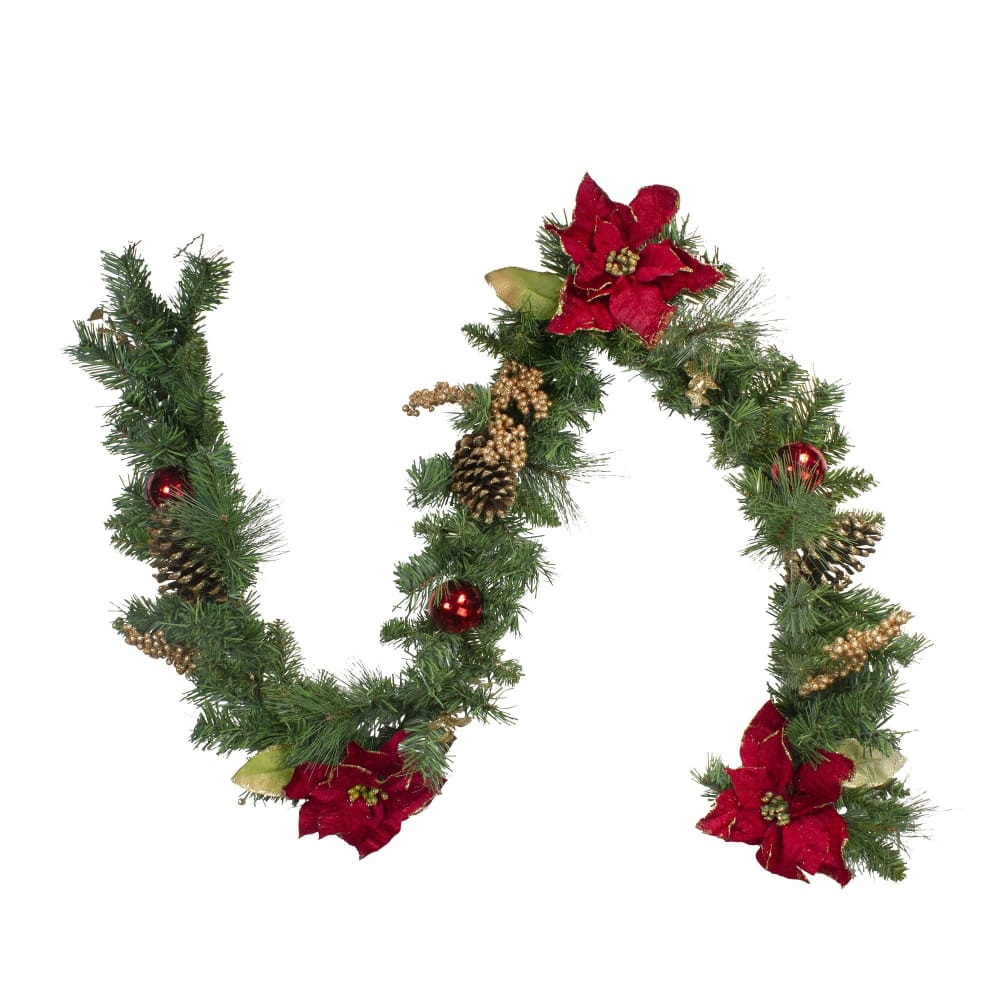 Northlight 6’ x 10 Pine and Poinsettias Artificial Christmas Garland - Unlit - Home/Seasonal/Holiday Home/Holiday Home Decor/Wreaths &