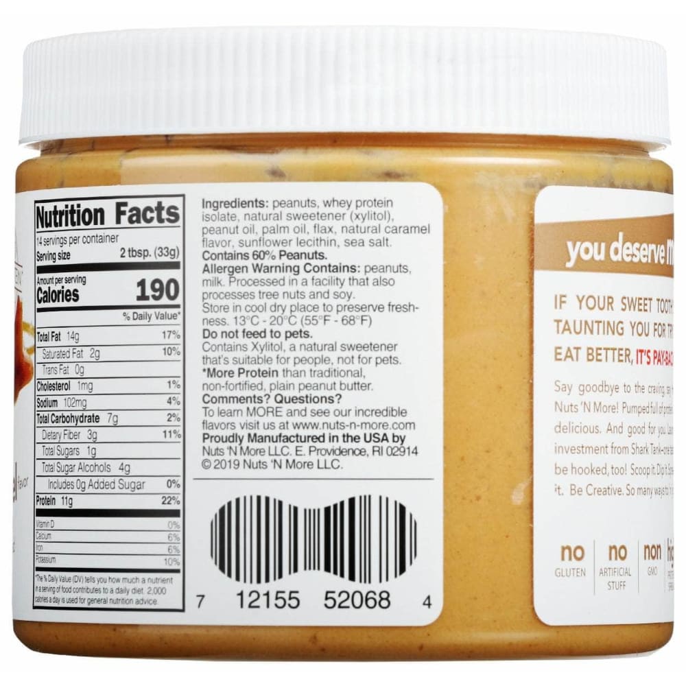 NUTS N MORE Grocery > Dairy, Dairy Substitutes and Eggs > Butters > Peanut Butter NUTS N MORE: Salted Caramel High Protein Peanut Butter Spread, 16.3 oz