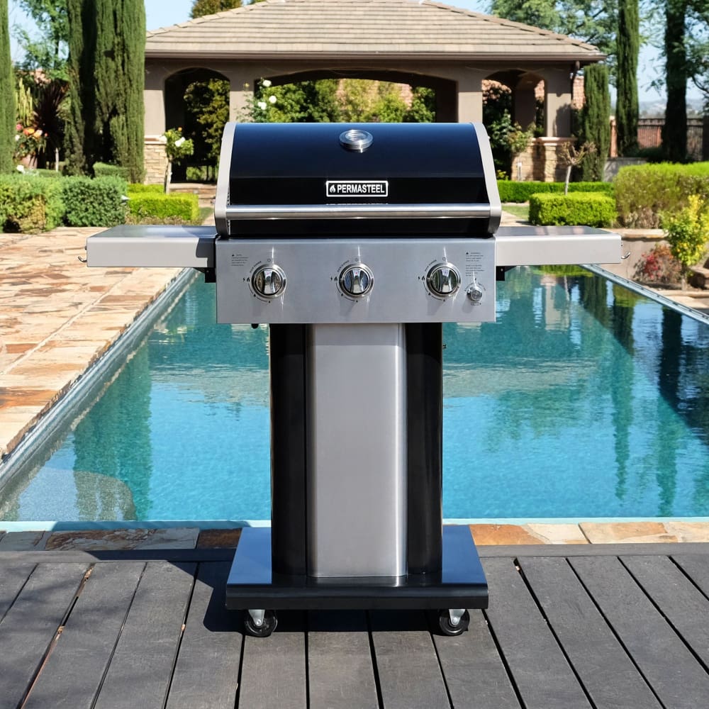 Permasteel 3-Burner Gas Grill with Folding Side Shelves - Permasteel