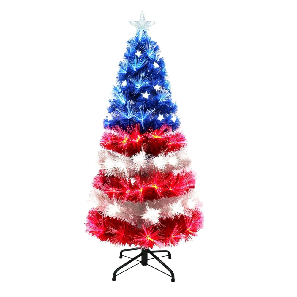 Puleo International 4’ Fiber Optic Patriotic Pre-Lit Tree Tree - Red/White/Blue - Home/Seasonal/Summer Seasonal/Summer Decor/ - Unbranded