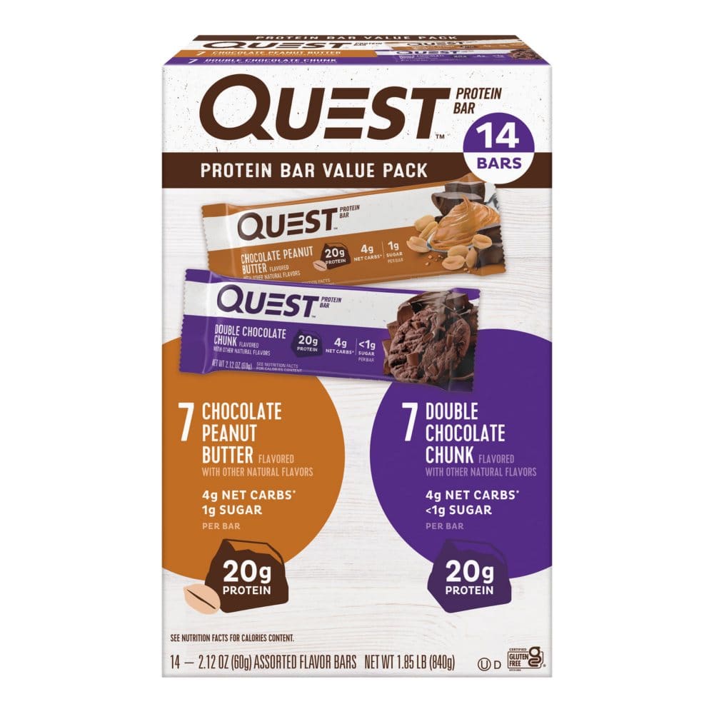 Quest Nutrition Chocolate Peanut Butter and Double Chocolate Chunk Protein Bars Variety Pack (14 ct.) - Protein & Fitness - Quest