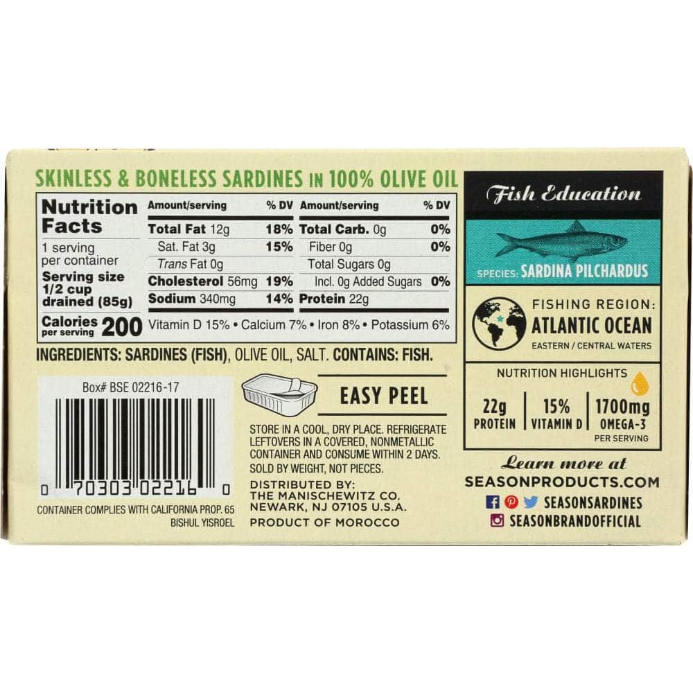 Season Brand Seasons Brand Imported Skinless & Boneless Sardines in Pure Olive Oil Salt Added, 4.375 Oz