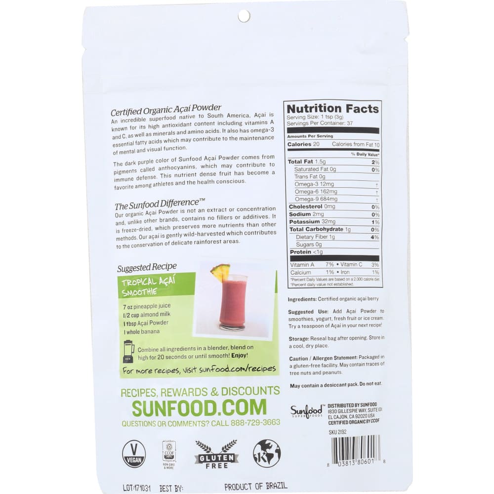 SUNFOOD SUPERFOODS: Acai Powder Organic 4 oz - Vitamins & Supplements > Food Supplements - Sunfood Superfoods