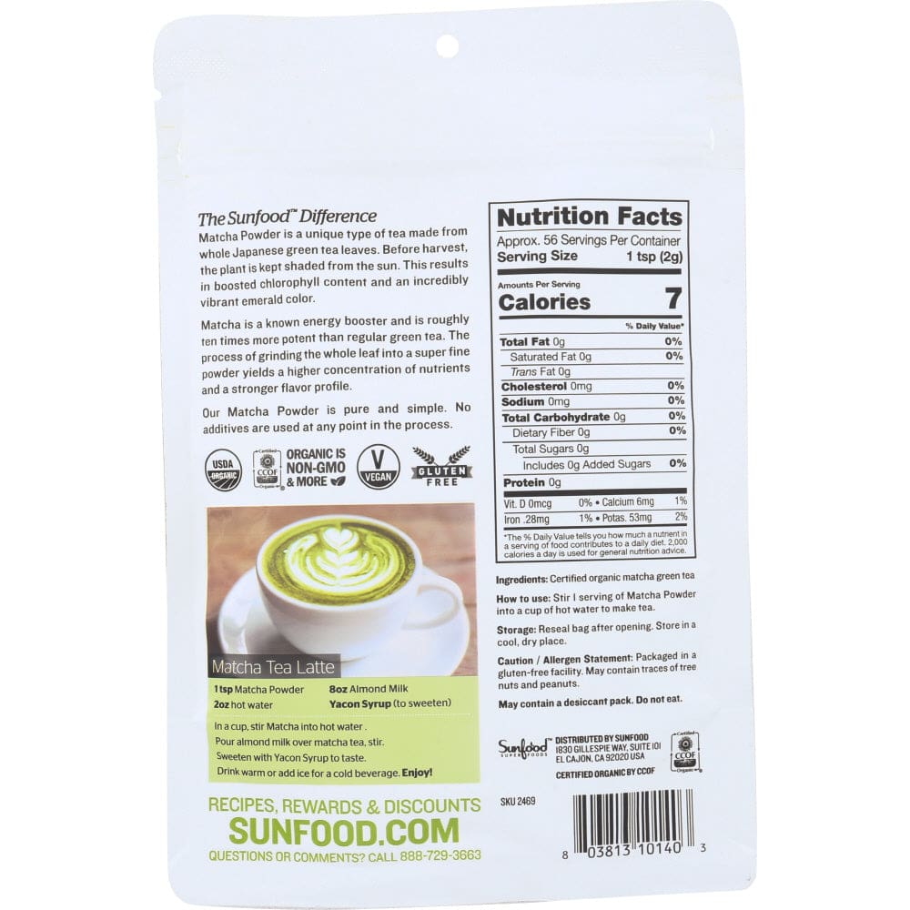 SUNFOOD SUPERFOODS: Matcha Green Tea Pwdr Org 4 oz - Grocery > Beverages > Coffee Tea & Hot Cocoa - Sunfood Superfoods