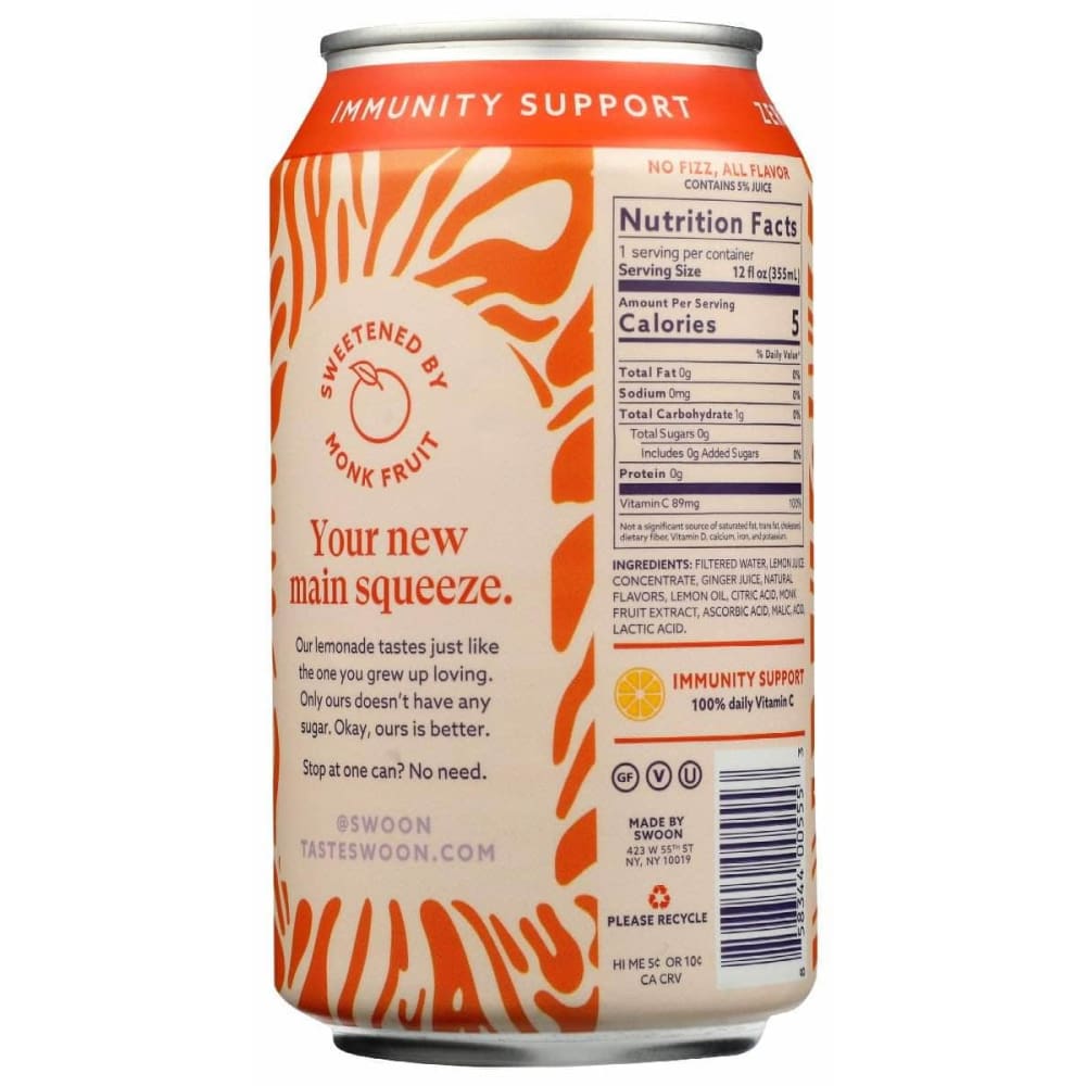 SWOON Swoon Lemonade Ginger Zero Sugr, 12 Fo