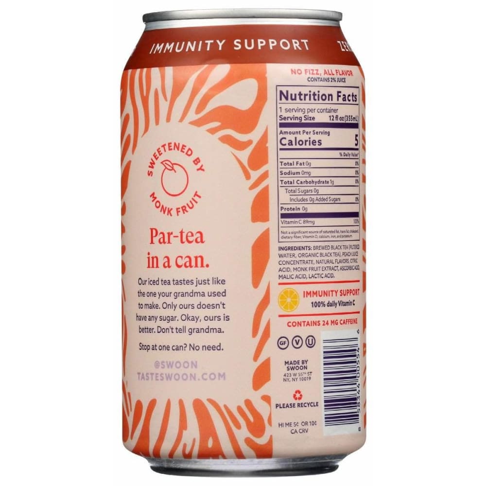 SWOON Swoon Tea Peach Iced Zero Sugar, 12 Fo