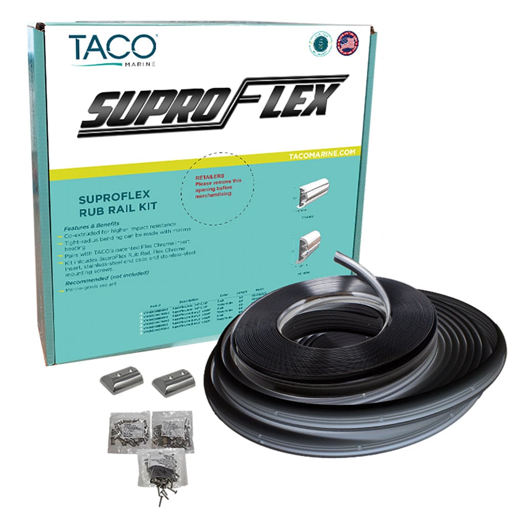 TACO SuproFlex Rub Rail Kit - Black w/ Flex Chrome Insert - 2H x 1.2W x 60’L - Marine Hardware | Rub Rail - TACO Marine