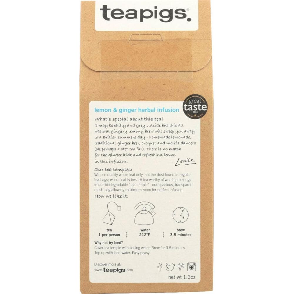 TEAPIGS Grocery > Beverages > Coffee, Tea & Hot Cocoa TEAPIGS: Tea Lemon Ginger, 15 ea