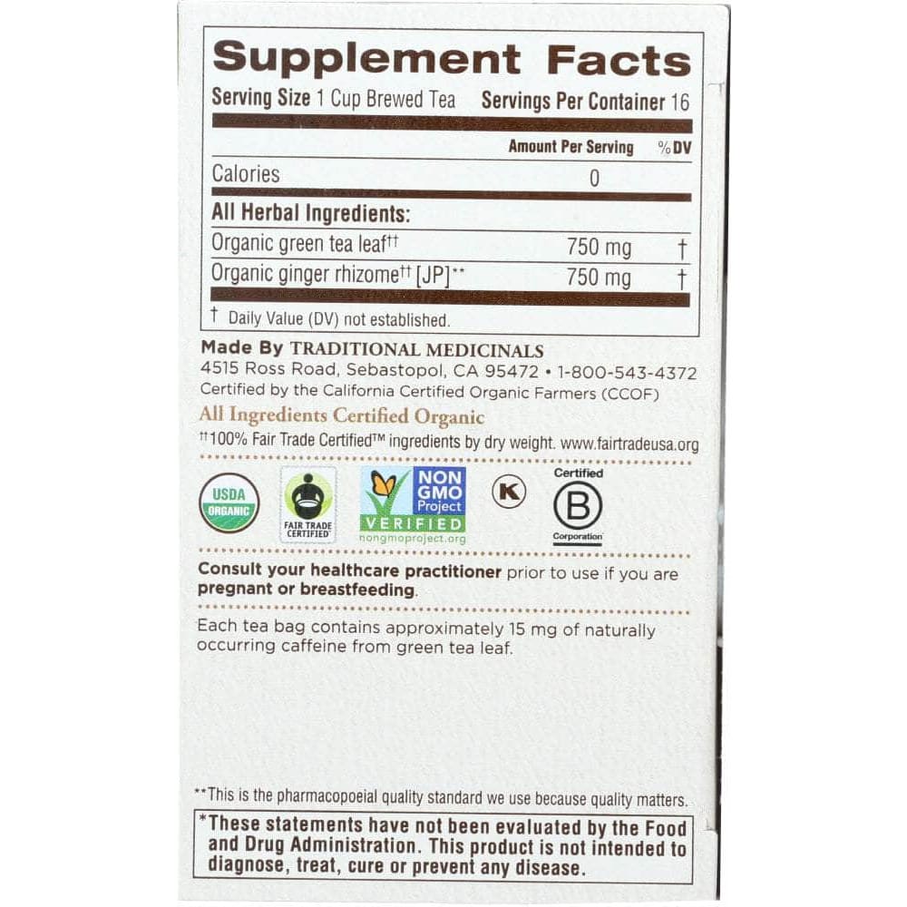 Traditional Medicinals Traditional Medicinals Organic Green Tea Ginger 16 tea bags, 0.85 oz