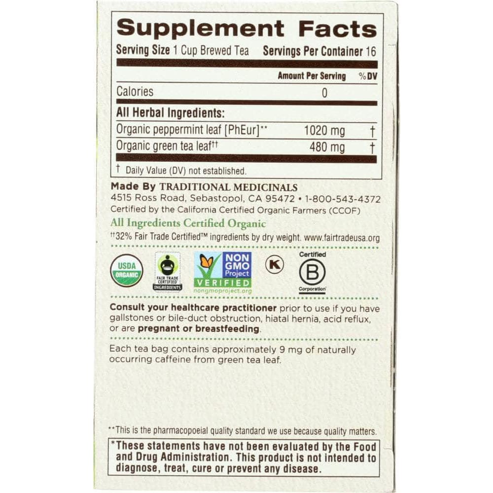 Traditional Medicinals Traditional Medicinals Organic Green Tea Peppermint 16 Tea Bags, 0.85 oz