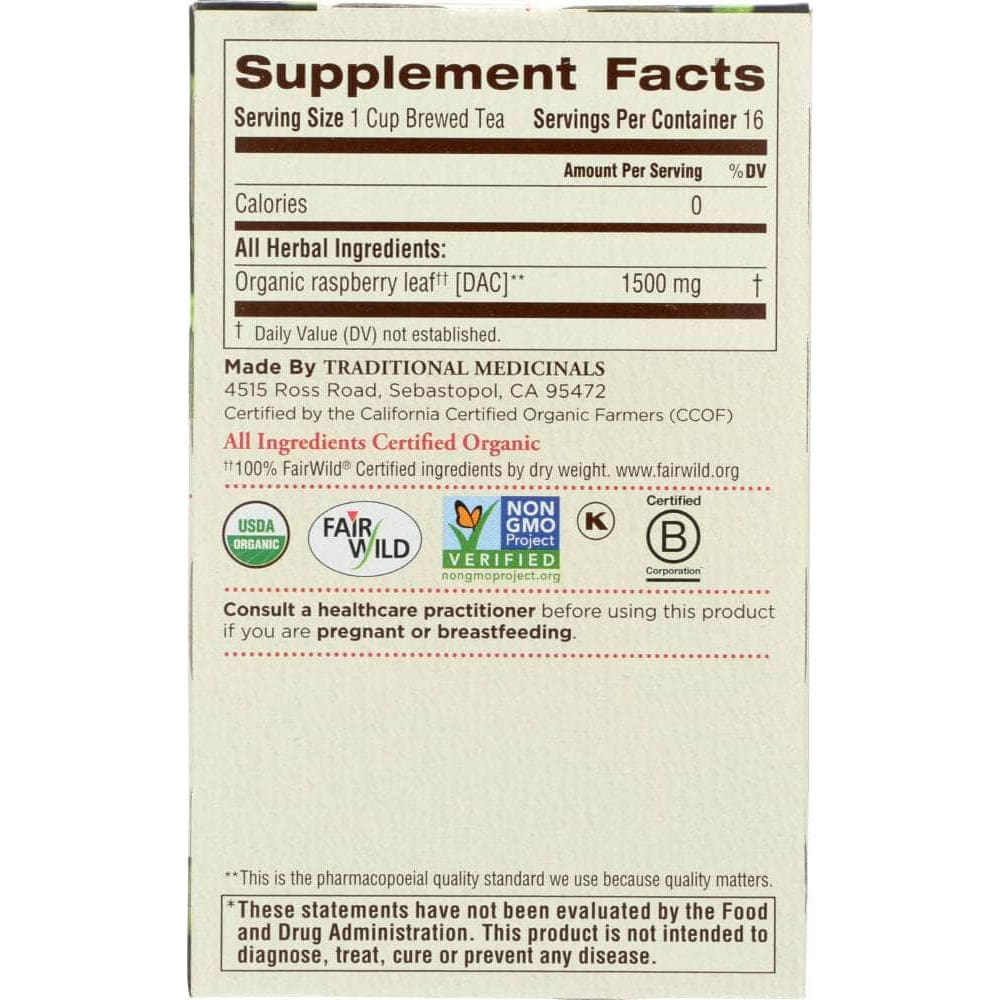 Traditional Medicinals Traditional Medicinals Organic Raspberry Leaf Caffeine Free Herbal Tea 16 Tea Bags, 0.85 oz