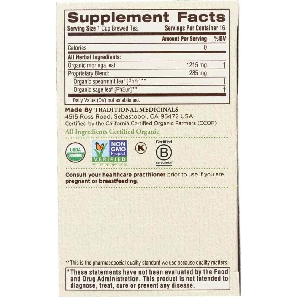 Traditional Medicinals Traditional Medicinals Tea Moringa With Spearmint Sage, 16 bg