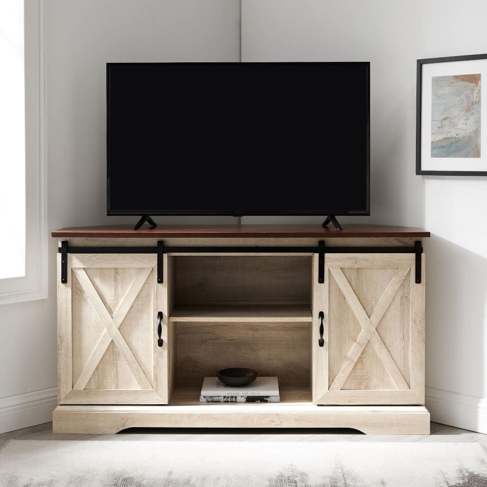 W. Trends 52 Sliding Barn Door Corner TV Stand for TVs Up to 58 - Traditional Brown/White Oak - W. Trends