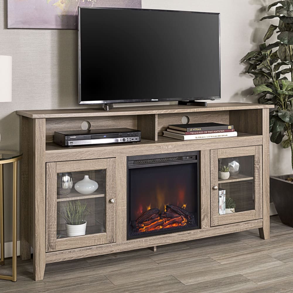 W. Trends 58 Transitional Glass Door Fireplace Tall TV Stand for Most TV’s up to 65 - Driftwood - W. Trends