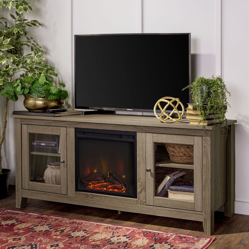 W. Trends 58 Wood Media TV Stand Console with Fireplace - Driftwood - W. Trends