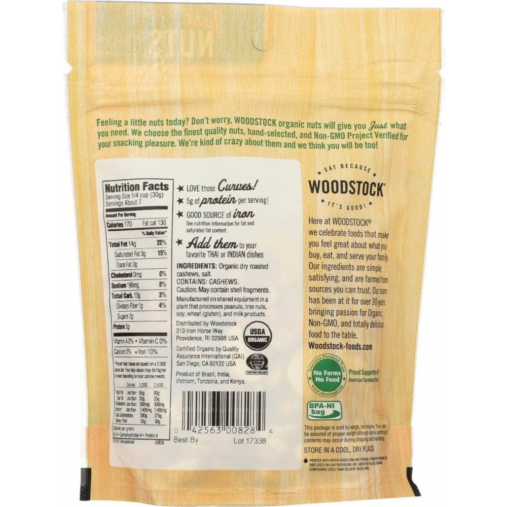 WOODSTOCK Grocery > Snacks > Nuts WOODSTOCK: Organic Whole Cashews Dry Roasted and Salted, 7 oz