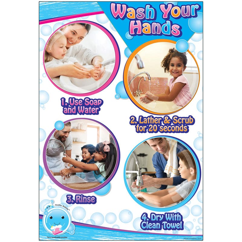 13X19 Wash Your Hands 4 Bubbles Smart Poly Chart (Pack of 12) - Classroom Theme - Ashley Productions