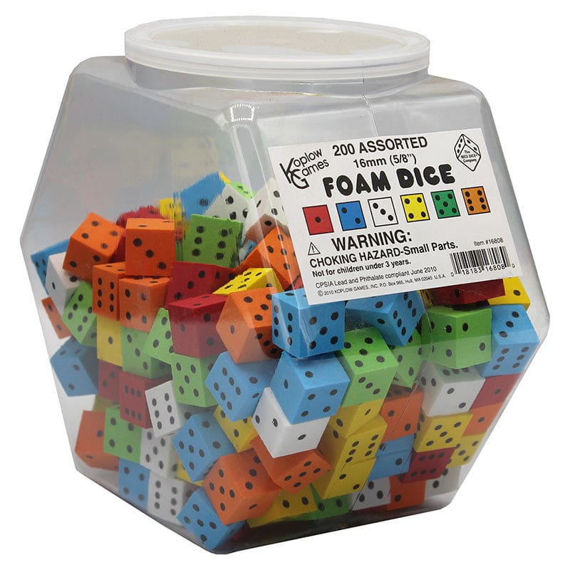 16Mm Foam Dice Tub Of 200 Assorted Color Spot - Dice - Koplow Games Inc.