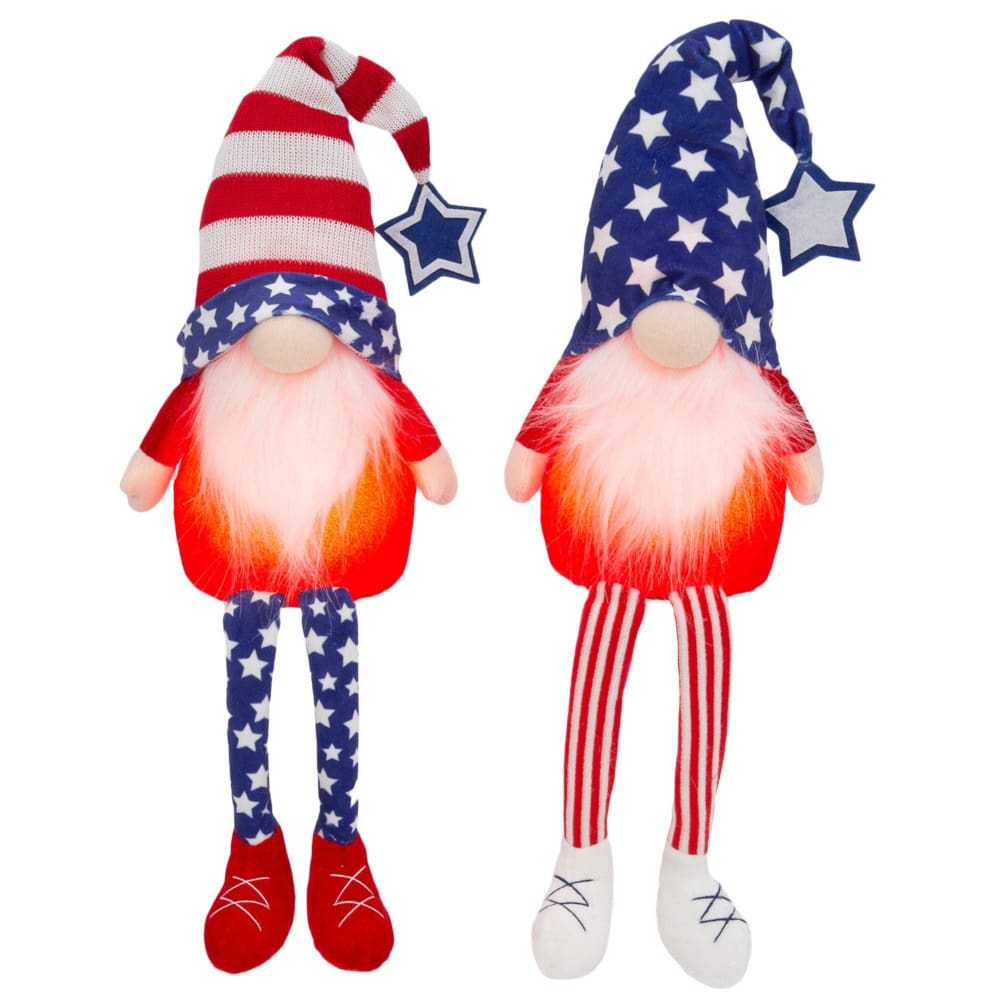 26.7 Pre-Lit Plush Red White and Blue Gnomes with Timer - Set of 2 - Seasonal Decorative Accents - Pre-Lit