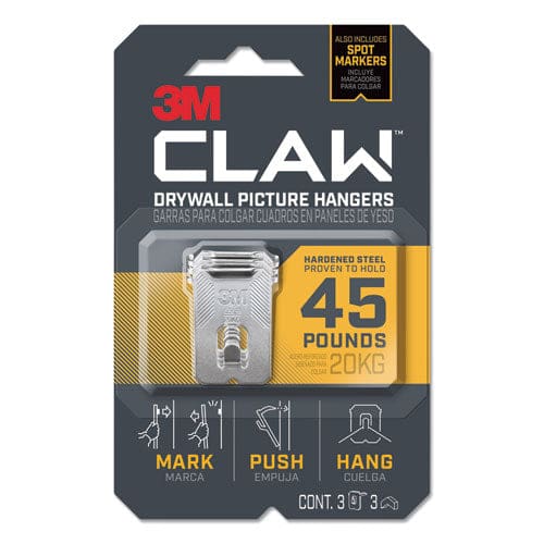 3M Claw Drywall Picture Hanger Stainless Steel 45 Lb Capacity 3 Hooks And 3 Spot Markers - Furniture - 3M™