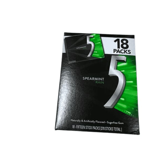 5 Gum Sugarfree Gum, Spearmint Rain, 15-stick pack (18 packs total) - ShelHealth.Com