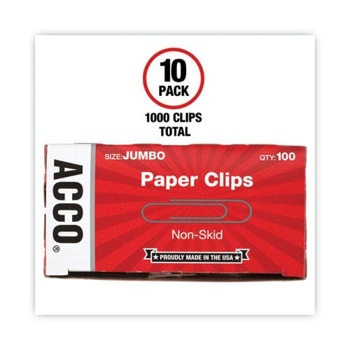 ACCO Paper Clips Jumbo Nonskid Silver 100 Clips/box 10 Boxes/pack - Office - ACCO