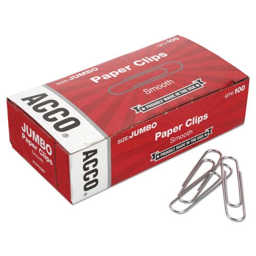 ACCO Paper Clips Jumbo Smooth Silver 100 Clips/box 10 Boxes/pack - Office - ACCO