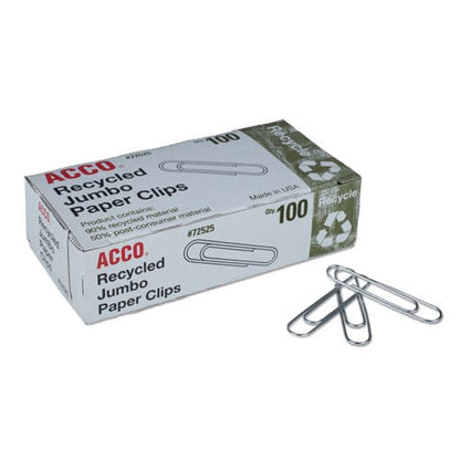 ACCO Recycled Paper Clips Jumbo Smooth Silver 100 Clips/box 10 Boxes/pack - Office - ACCO