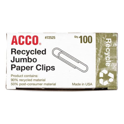 ACCO Recycled Paper Clips Jumbo Smooth Silver 100 Clips/box 10 Boxes/pack - Office - ACCO