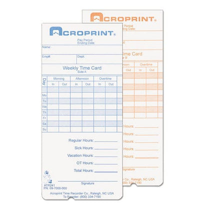 Acroprint Time Clock Cards For Acroprint Atr240/atr360 Two Sides 3.5 X 7.25 250/pack - Office - Acroprint®