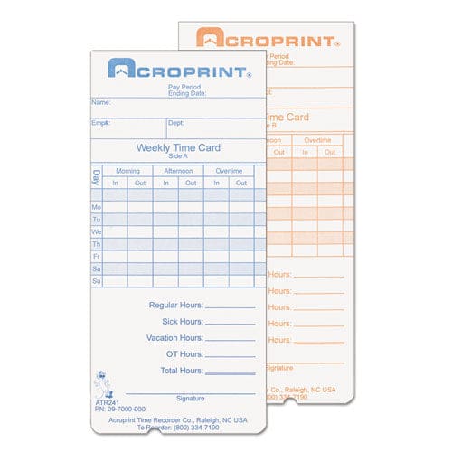 Acroprint Time Clock Cards For Acroprint Atr240/atr360 Two Sides 3.5 X 7.25 250/pack - Office - Acroprint®