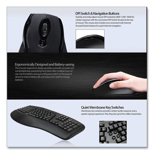 Adesso Wkb1500gb Wireless Ergonomic Keyboard And Mouse 2.4 Ghz Frequency/30 Ft Wireless Range Black - Technology - Adesso