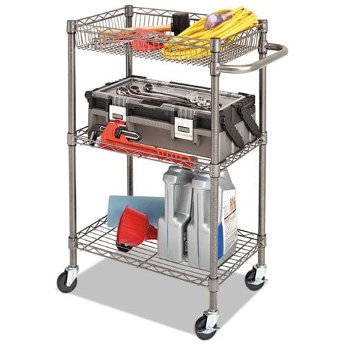 Alera Three-tier Wire Cart With Basket Metal 2 Shelves 1 Bin 500 Lb Capacity 28 X 16 X 39 Black Anthracite - Furniture - Alera®