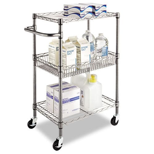 Alera Three-tier Wire Cart With Basket Metal 2 Shelves 1 Bin 500 Lb Capacity 28 X 16 X 39 Black Anthracite - Furniture - Alera®