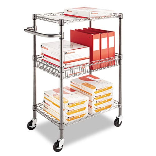 Alera Three-tier Wire Cart With Basket Metal 2 Shelves 1 Bin 500 Lb Capacity 28 X 16 X 39 Black Anthracite - Furniture - Alera®