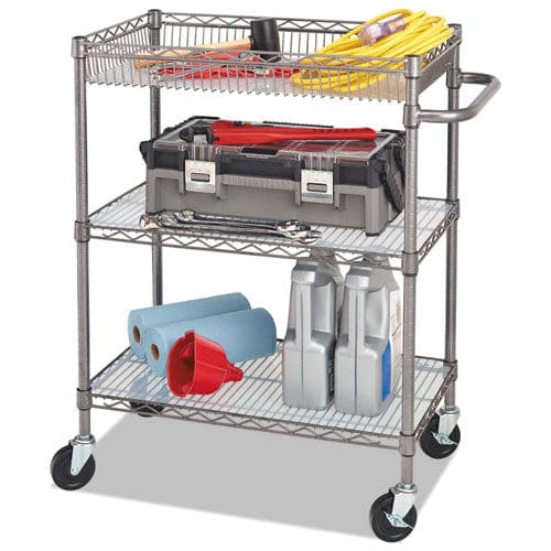 Alera Three-tier Wire Cart With Basket Metal 2 Shelves 1 Bin 500 Lb Capacity 28 X 16 X 39 Black Anthracite - Furniture - Alera®