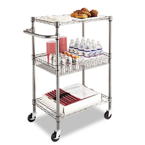 Alera Three-tier Wire Cart With Basket Metal 2 Shelves 1 Bin 500 Lb Capacity 28 X 16 X 39 Black Anthracite - Furniture - Alera®