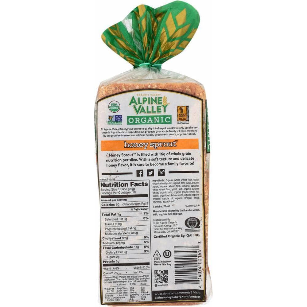 Alpine Valley Alpine Valley Bread Sprouted Honey Wheat with Flaxseed, 18 oz